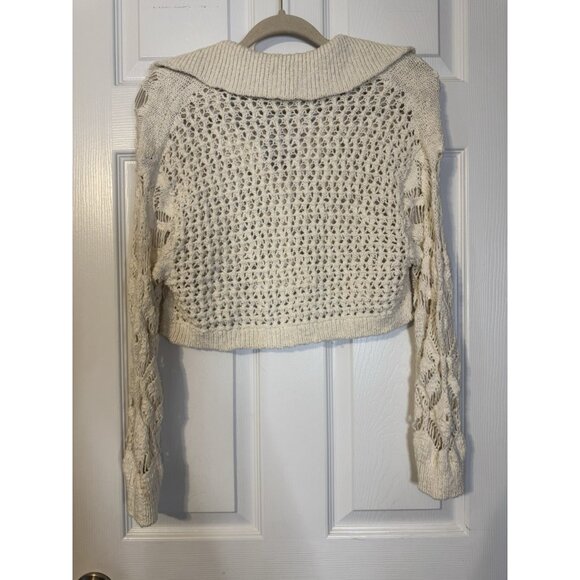 Free People Sedona Cardigan Sweater S Cream Crochet Collared Cropped Open Knit - Picture 12 of 16